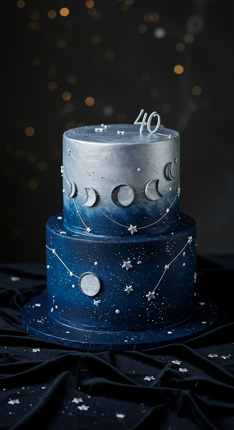 Zweistöckige dunkelblaue Torte mit silbernen Mondphasen und Sternen.
