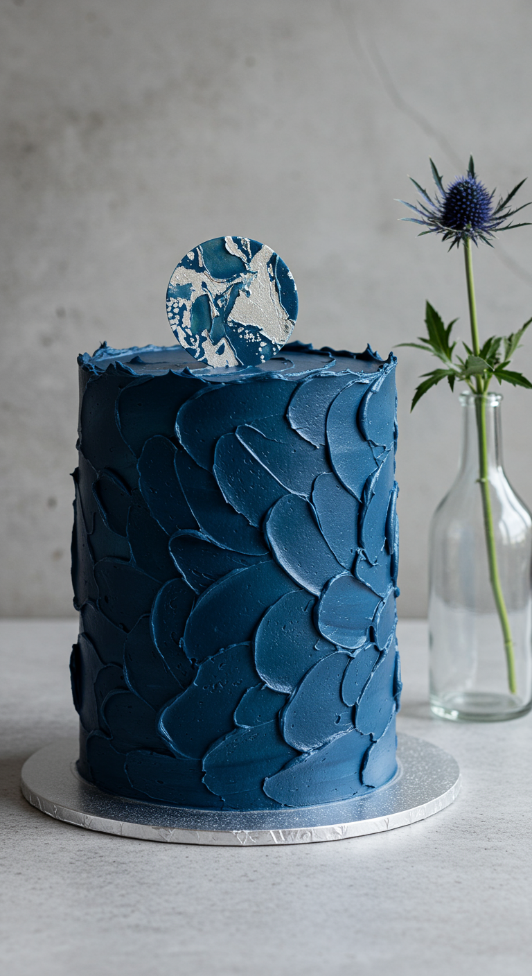 Dunkelblaue, zylindrische Torte mit einer Textur aus überlappenden Spachtelstrichen, die Blütenblättern ähneln.