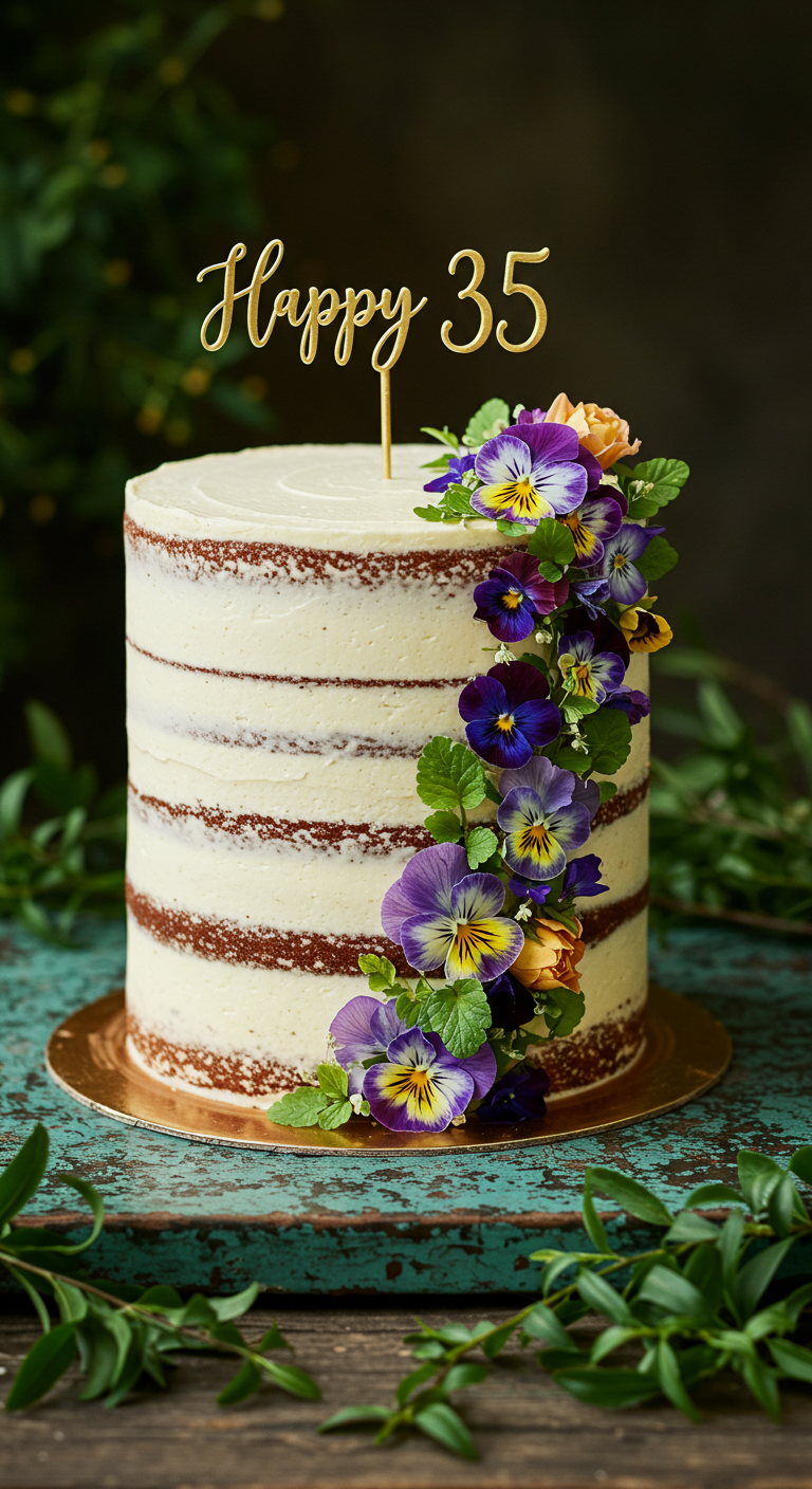 Naked Cake mit sichtbaren Bodenschichten, dekoriert mit einer Kaskade aus bunten Stiefmütterchen.