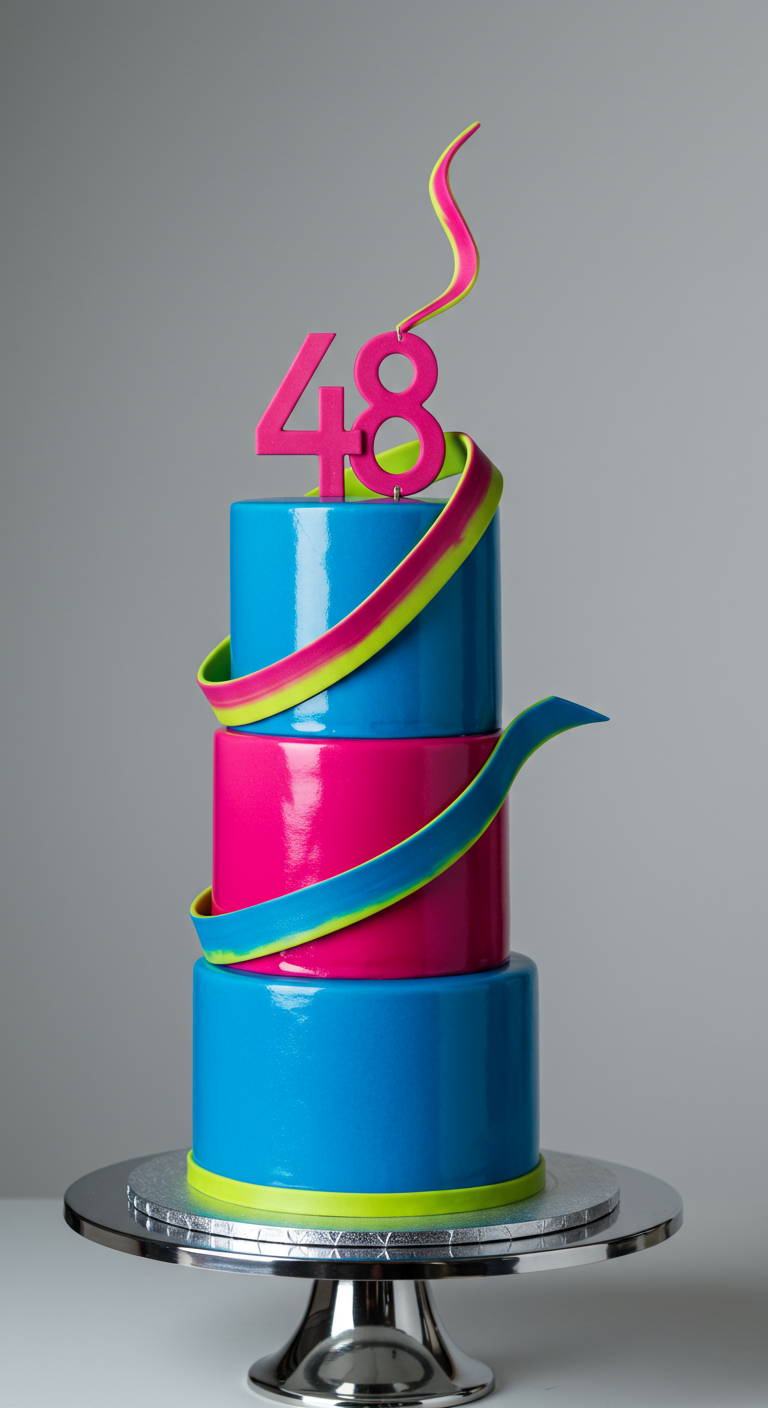 Dreistöckige Torte in glänzendem Blau und Pink mit neongelben Akzentbändern und pinkem 48-Topper.