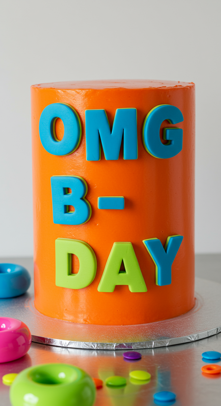 Orange Y2K-Torte mit großen, bunten Buchstaben „OMG B-DAY“.