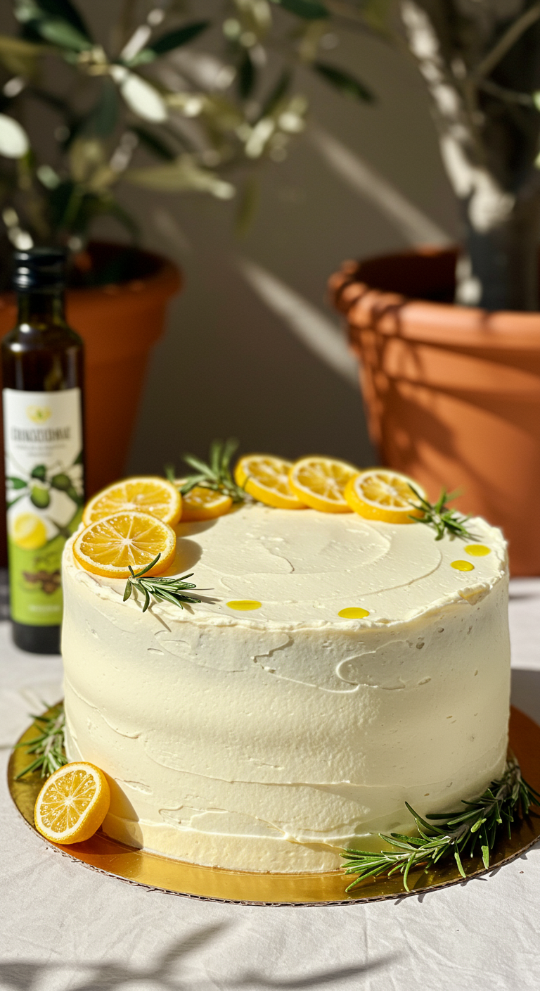 Helle Torte mit Zitronenscheiben, Rosmarin und Olivenöl-Akzenten.