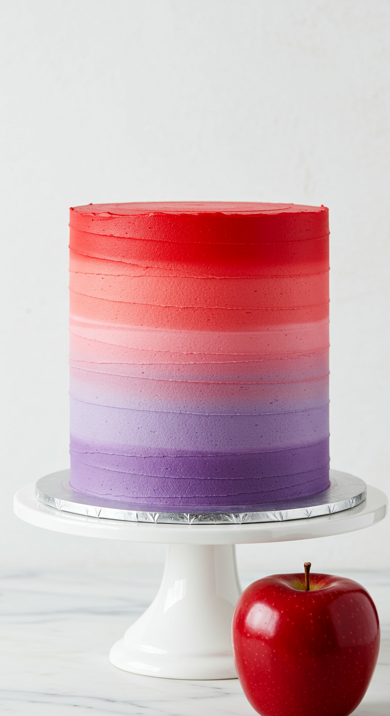 Hohe Torte mit Ombré-Farbverlauf von Rot über Pink zu Lila.