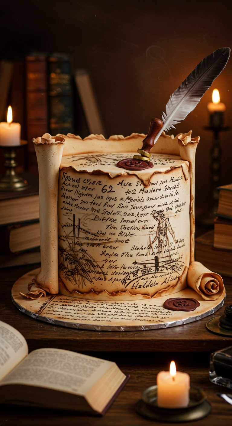 Torte in Form einer alten Pergamentrolle mit handgeschriebenem Text und Wachssiegel.