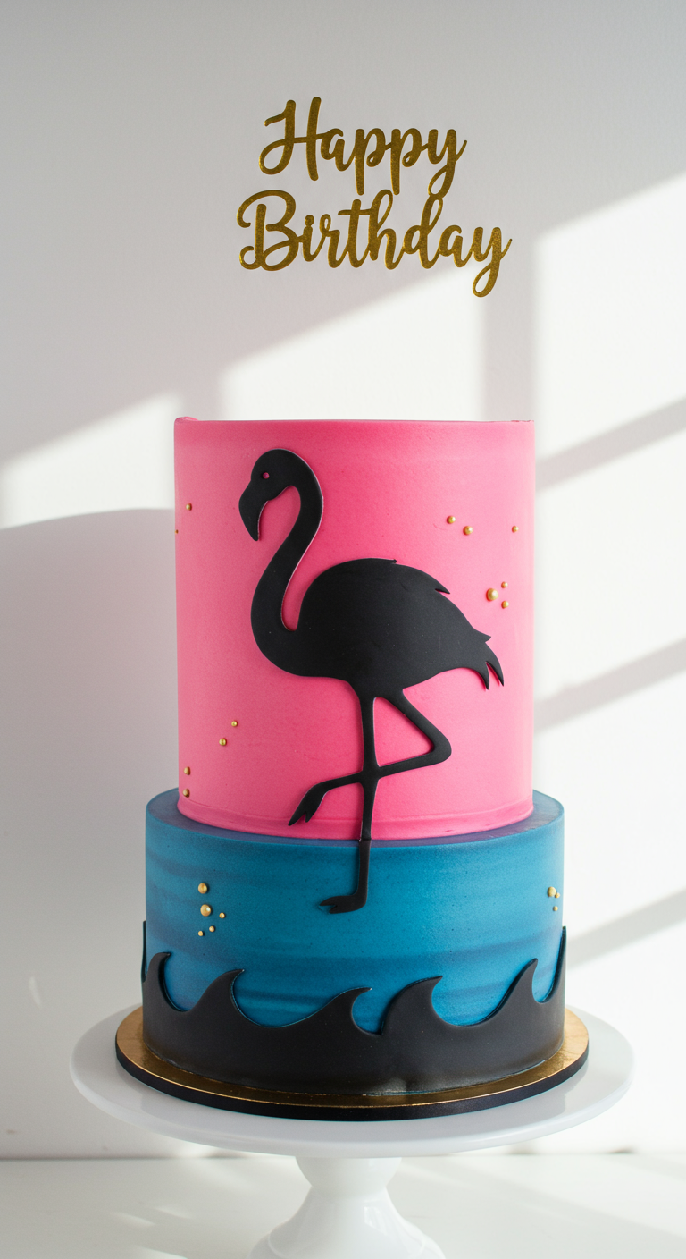 Zweistöckige pink-blaue Torte mit schwarzem Flamingo-Schattenriss und goldenen Akzenten.
