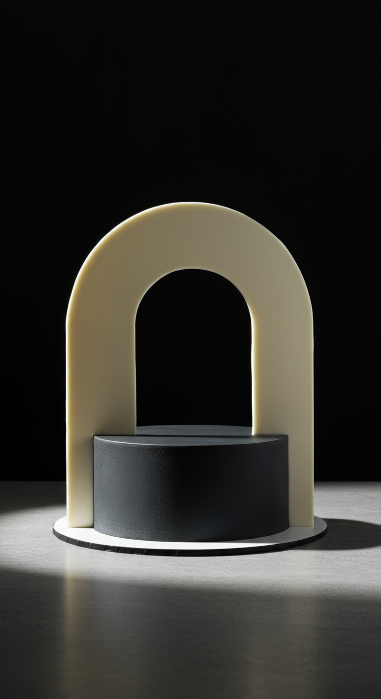 Schwarze Zylindertorte mit einem darüber stehenden weißen Bogen-Element.