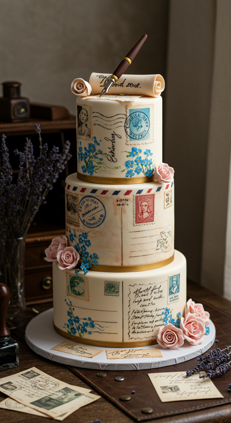 Dreistöckige Torte, dekoriert wie alte Postkarten mit Briefmarken und Blumen.