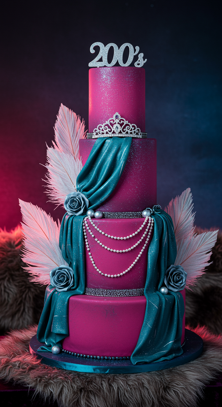 Mehrstöckige pink-petrolfarbene Torte mit Tiara, Federn und Perlenketten.