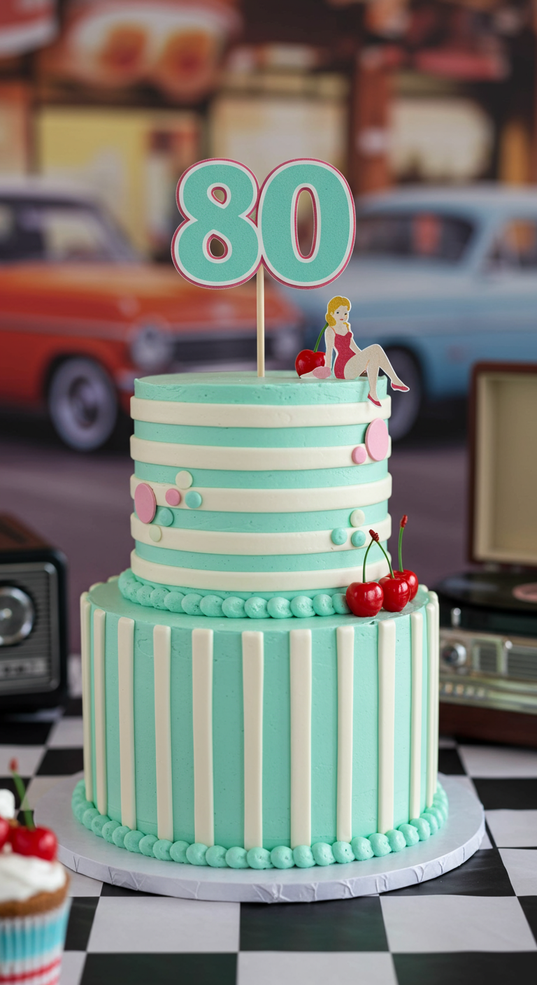 Zweistöckige Torte im Retro-Diner-Stil mit mintgrünen und weißen Streifen und Kirschen.