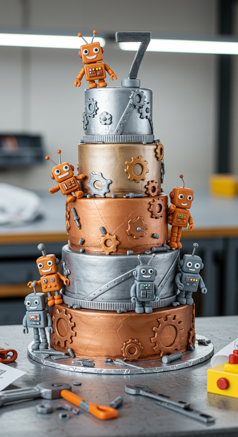Mehrstöckige Robotertorte in Metallic-Farben mit Zahnrädern und kleinen Robotern.