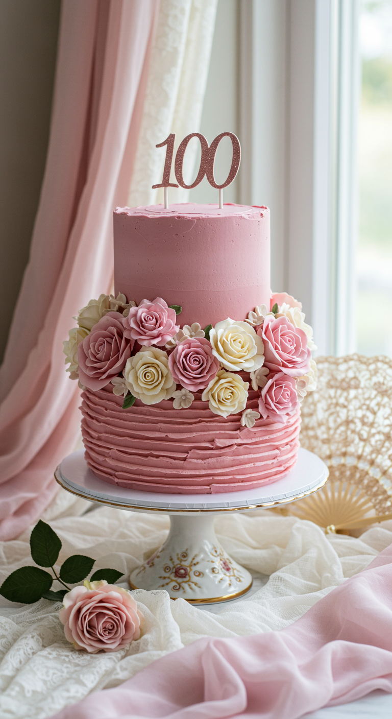 Rosafarbene zweistöckige Torte mit Buttercreme-Rosen und rosa '100'-Topper.