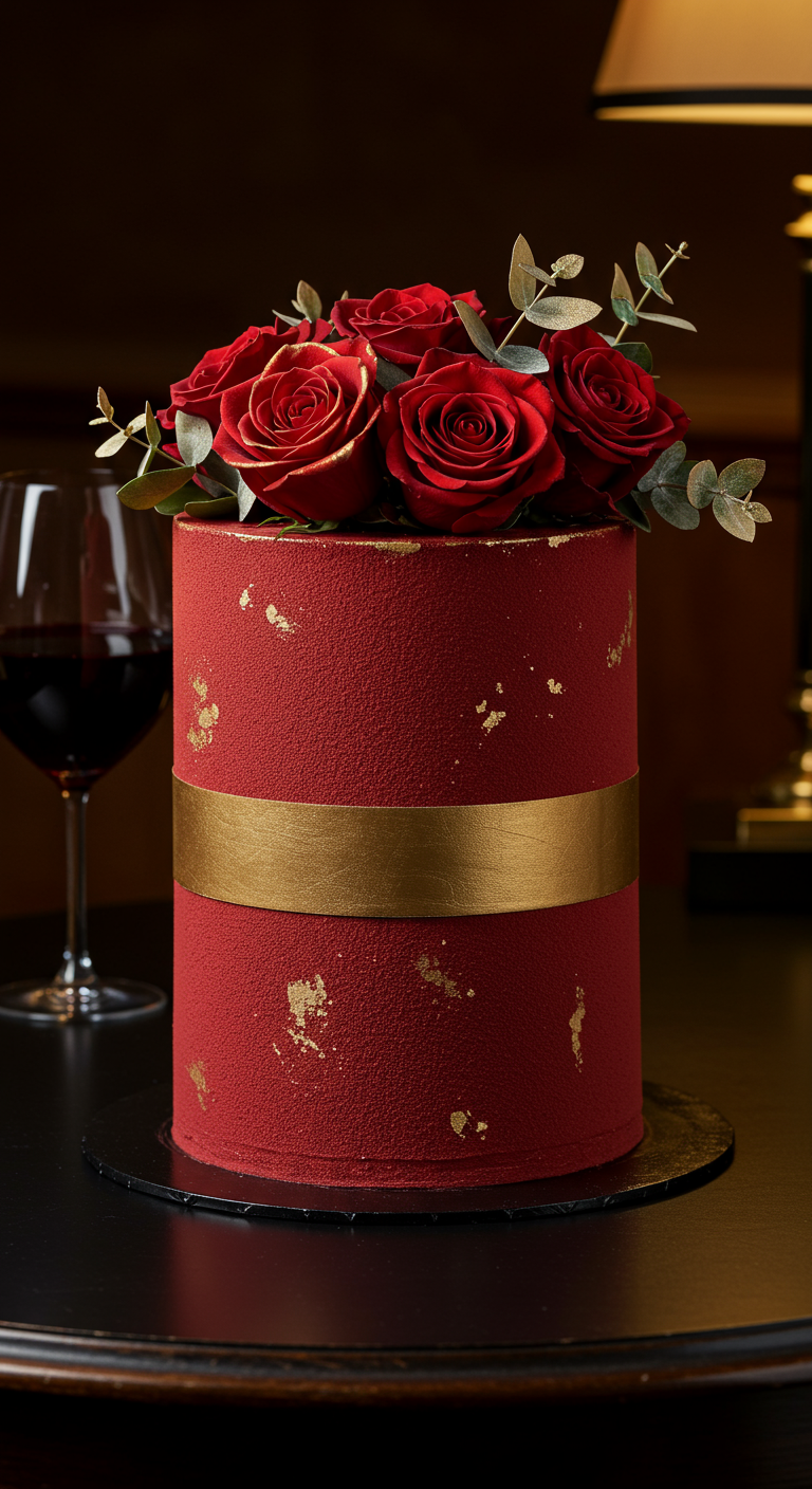 Rote Torte mit Samt-Textur, breitem Goldband und roten Rosen mit Goldstaub.