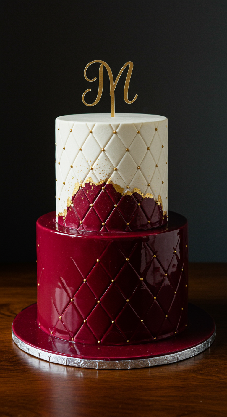 Zweistöckige Torte: unten Bordeauxrot mit Rautenmuster, oben weiß mit Rautenmuster und Goldakzenten.