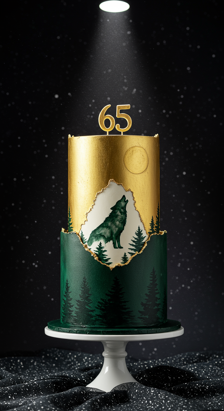 Gold-grüne Torte mit heulendem Wolf und Waldsilhouette.