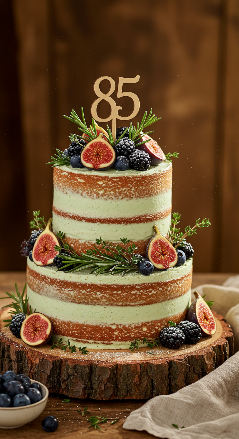 Zweistöckige Semi-Naked-Torte mit hellgrüner Creme, Feigen, Beeren und Rosmarin.