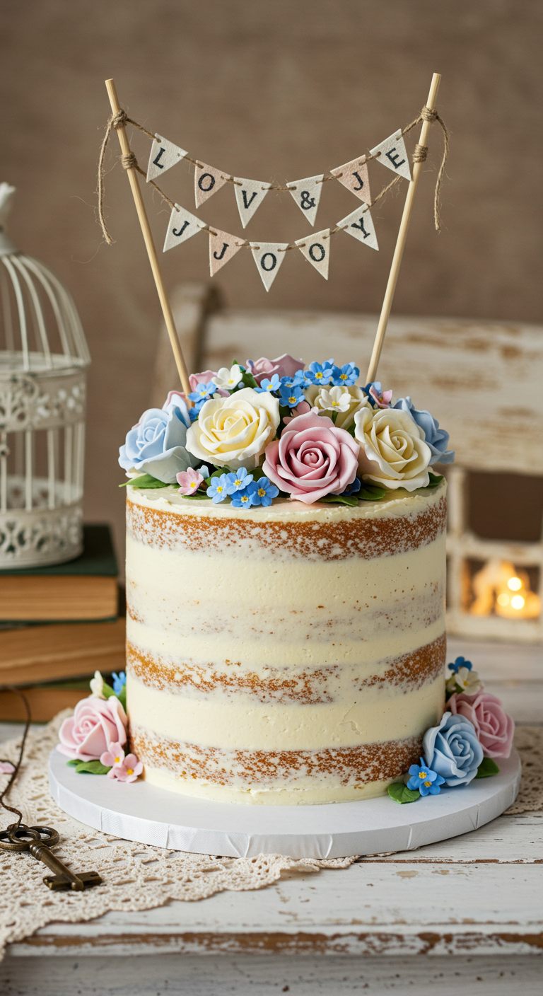 Naked Cake mit bunten frischen Rosen und blauen Blüten, dekoriert mit