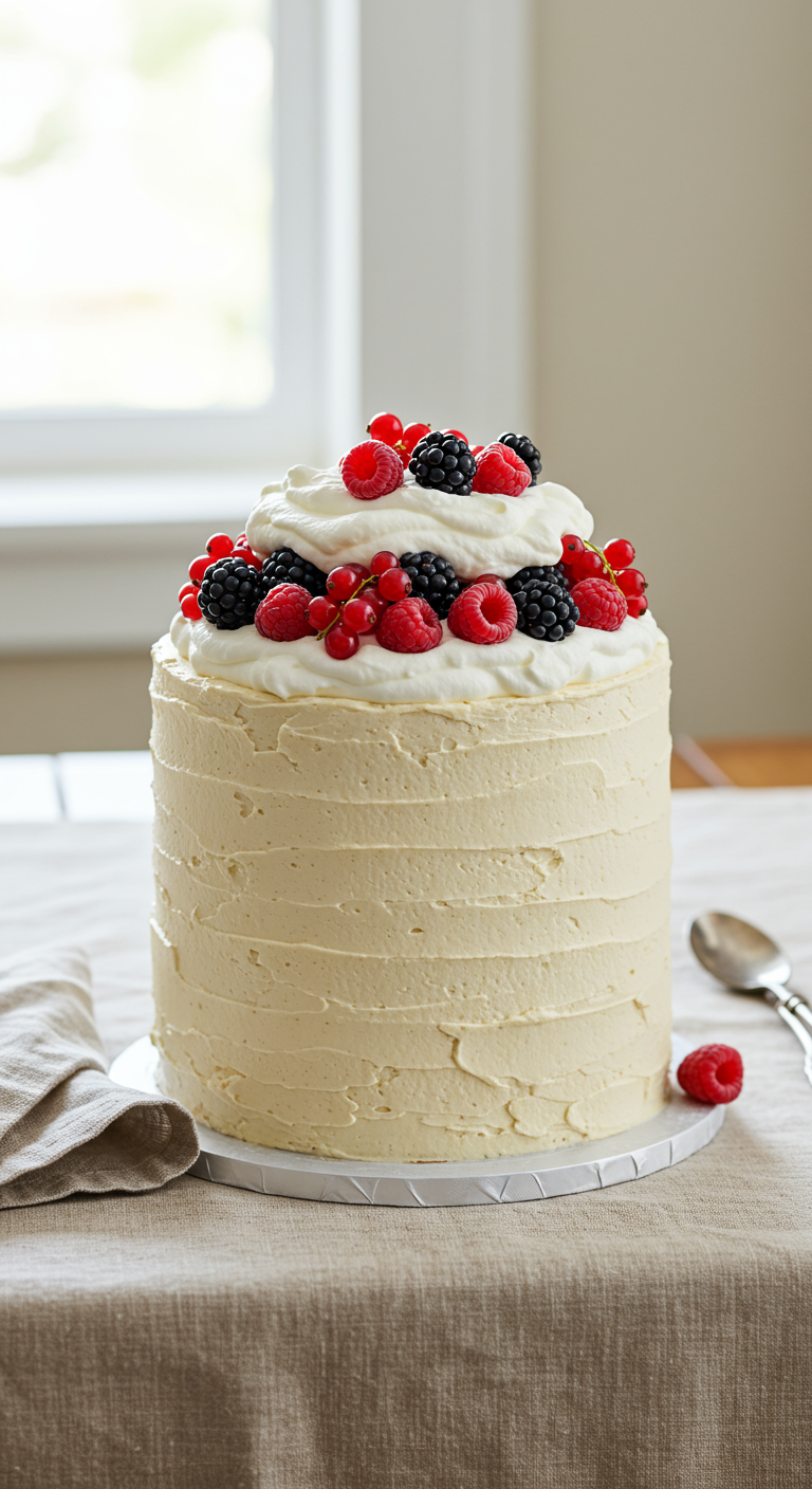 Rustikale Buttercremetorte mit frischen Waldbeeren und Sahne.