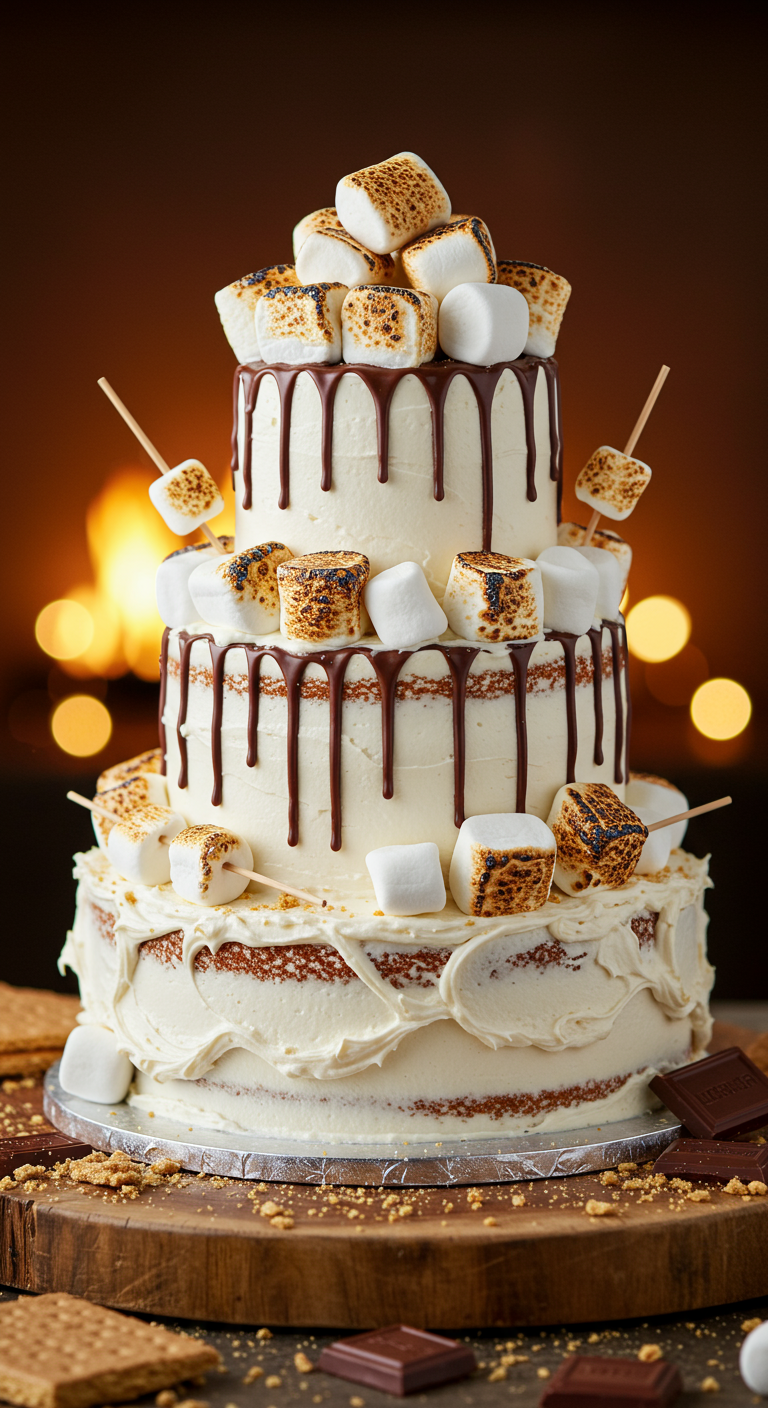 Dreistöckige S'mores-Torte mit gerösteten Marshmallows, Schokotropfen und Kekskrümeln.