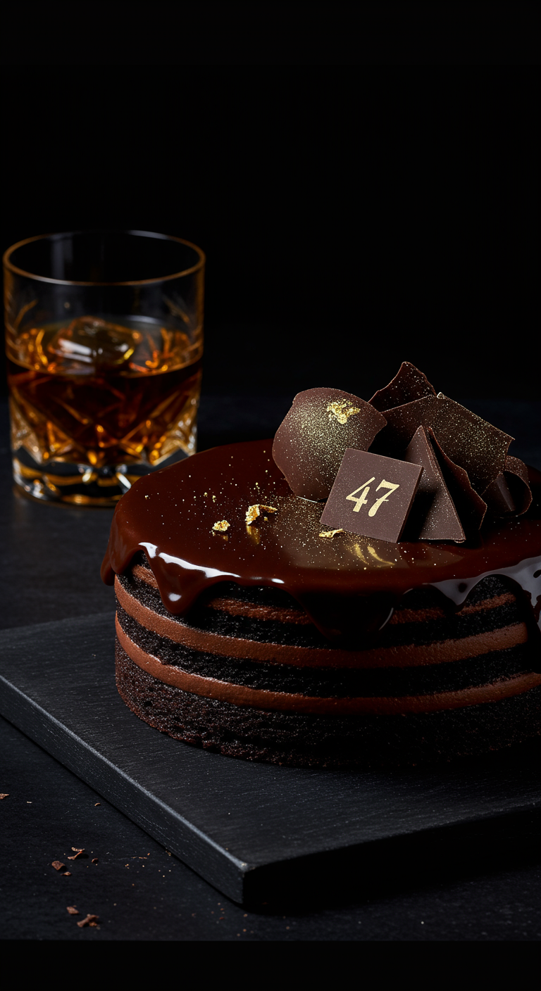 Schokoladen-Schichttorte mit Ganache, Schokodeko und Zahl 47.
