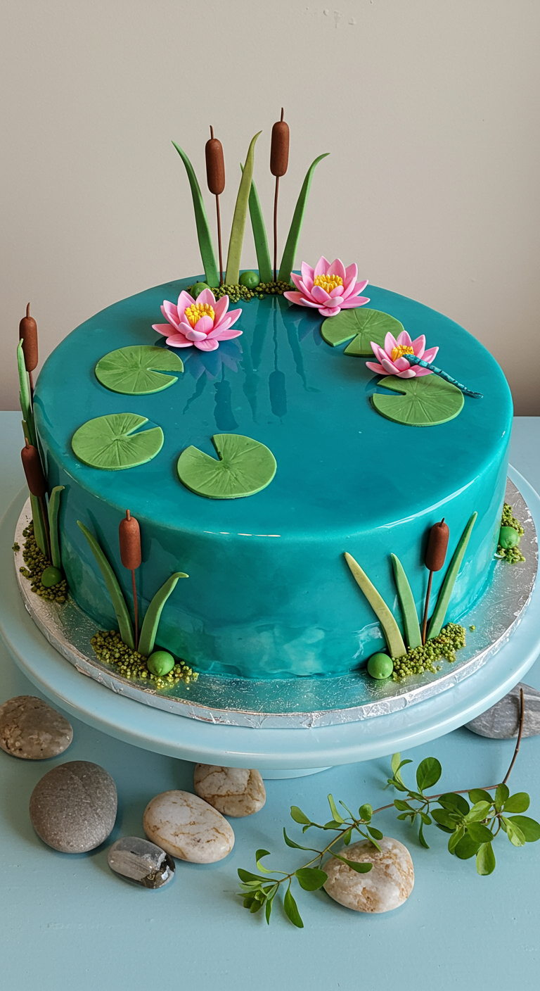 Runde Torte mit blauem Mirror Glaze, Fondant-Seerosen und Schilf.