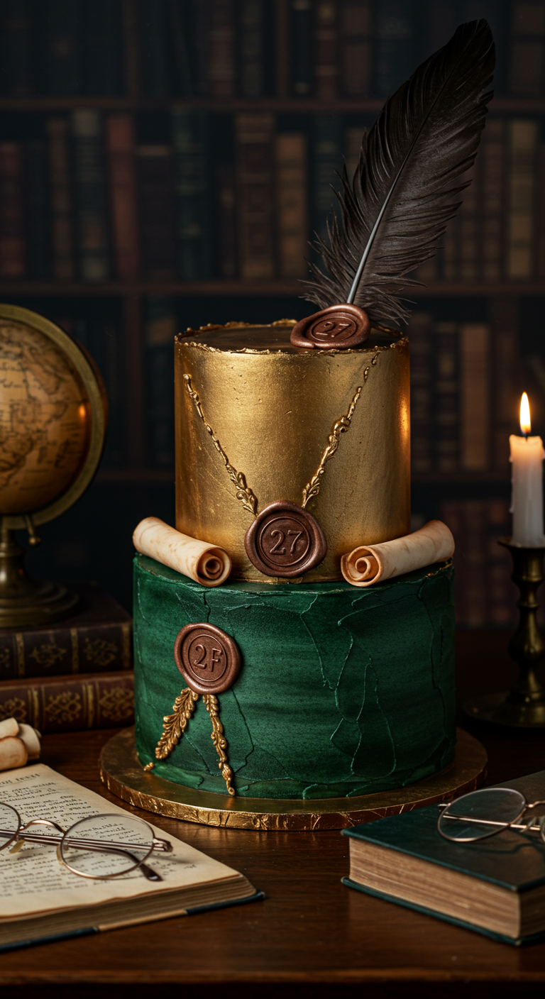 Zweistöckige Torte in Grün und Gold, dekoriert mit Schriftrollen und Wachssiegeln.