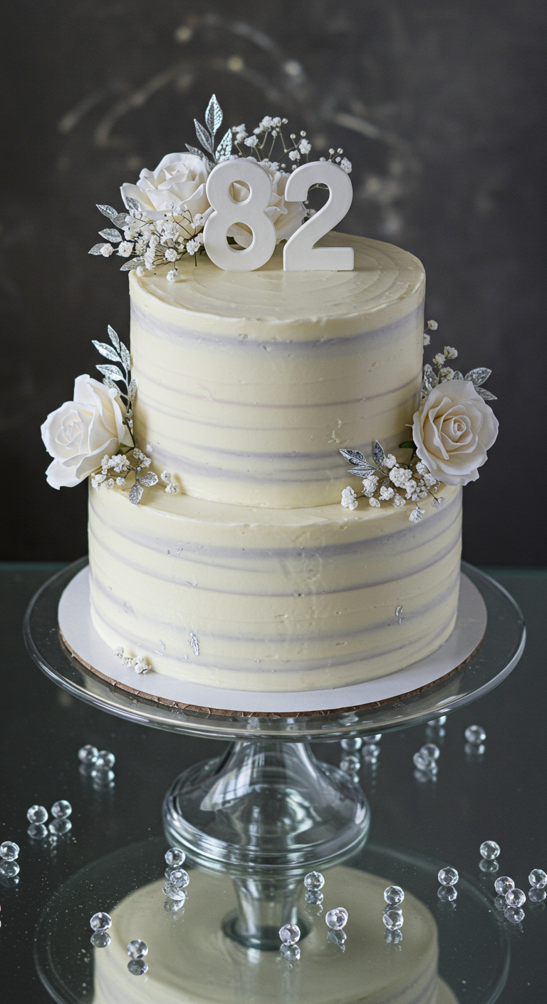 Zweistöckiger weißer Kuchen mit dezenten Streifen, weißen Rosen und silbernen Akzenten.