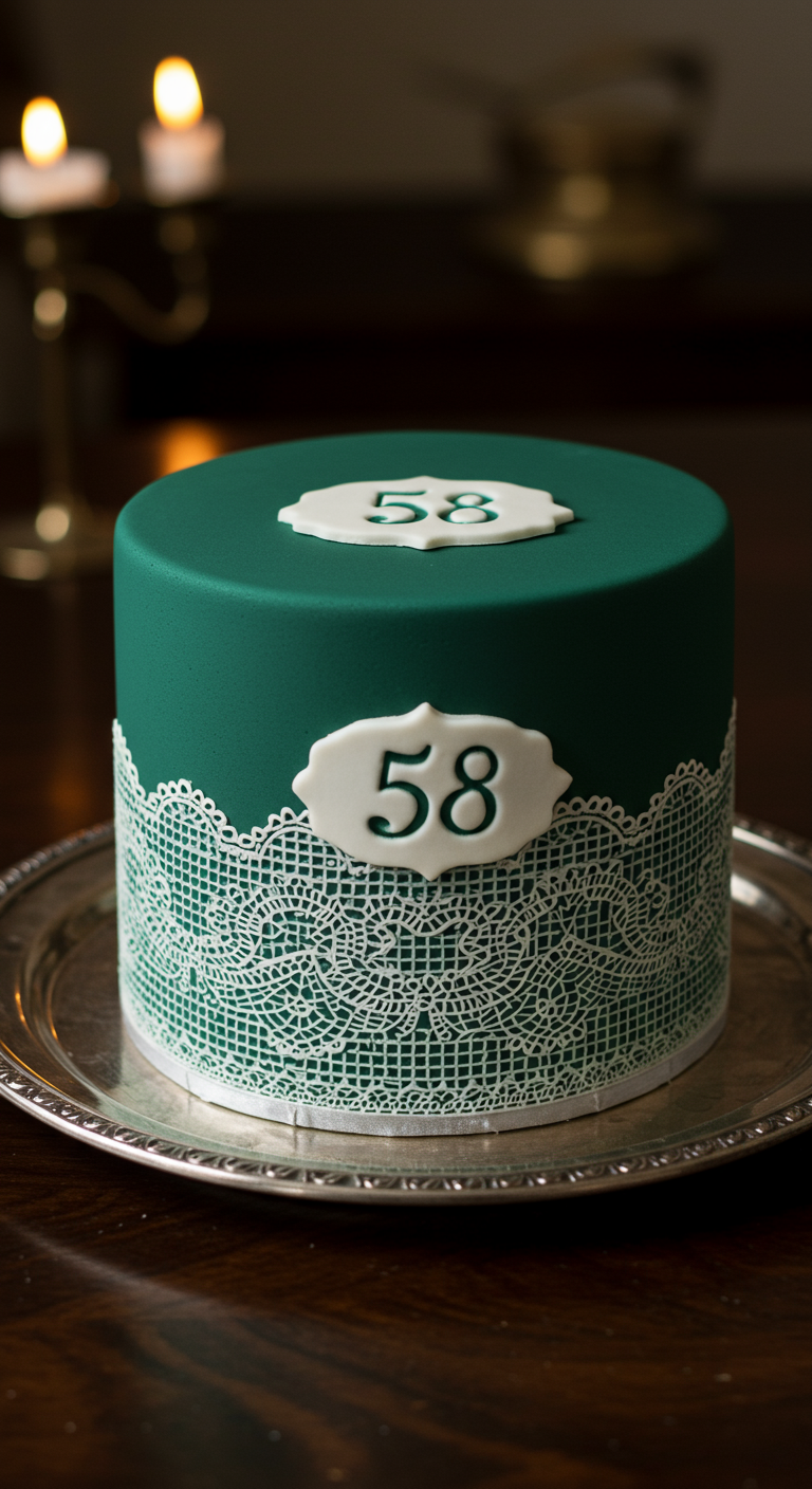Smaragdgrüne Torte mit weißem Spitzenband und ovalen Plaketten mit der Zahl 58.
