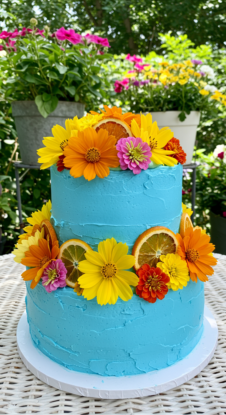 Zweistöckige blaue Torte mit bunten frischen Sommerblumen und getrockneten Orangenscheiben.