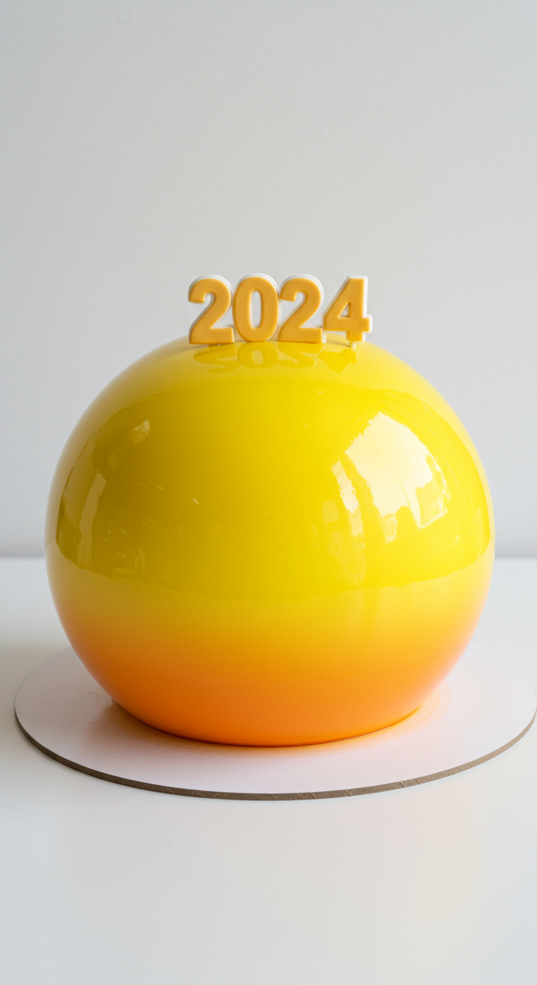 Kugelförmige Torte mit gelb-orangem Farbverlauf und '2024' Topper.