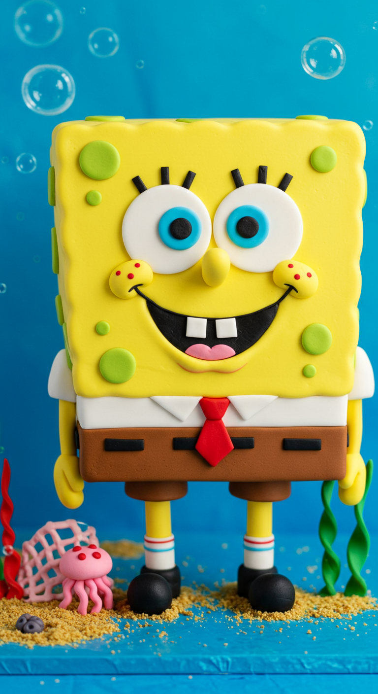 Spongebob Schwammkopf Torte mit seinem typischen Gesicht und Outfit.
