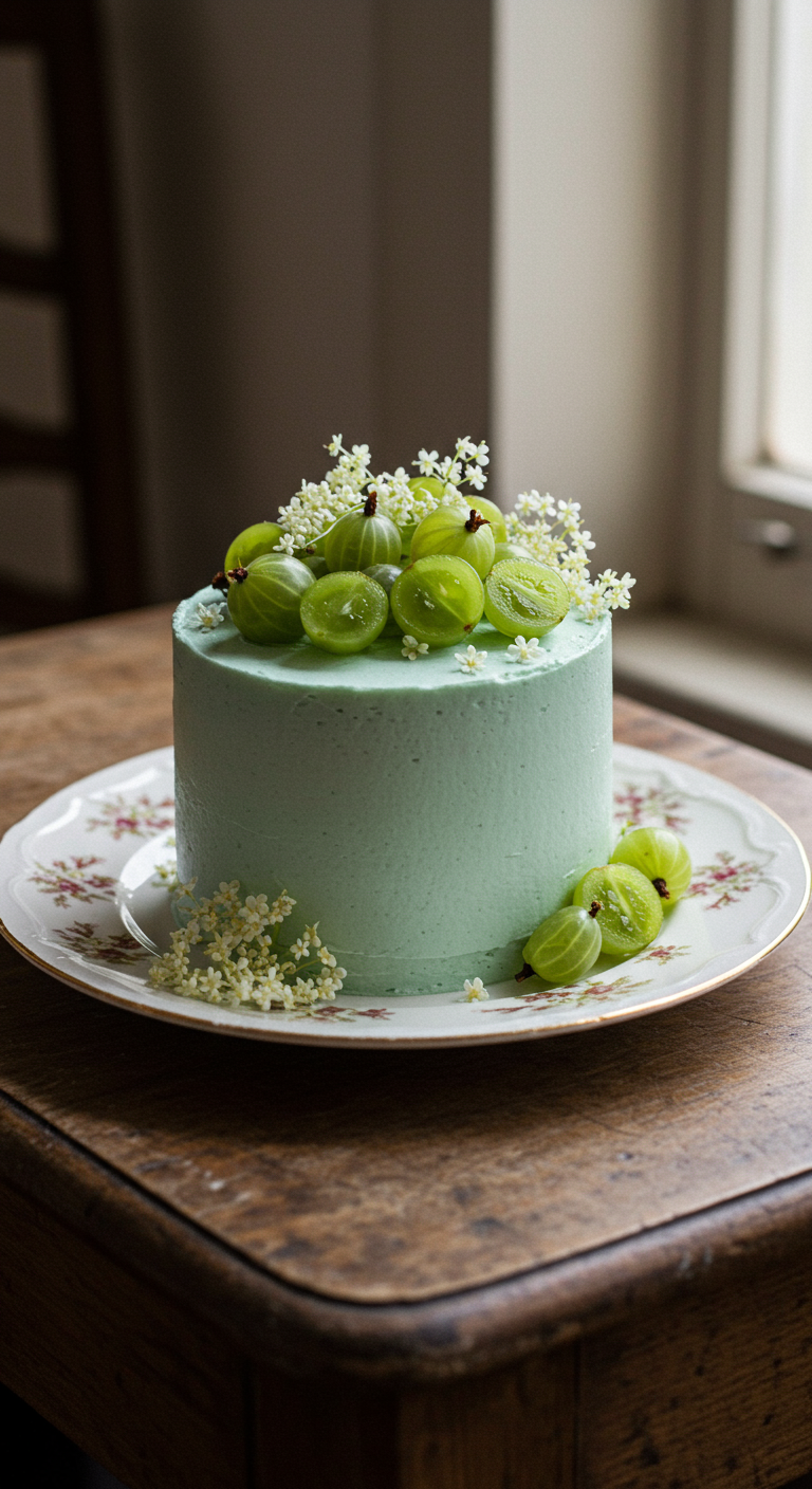 Hellgrüne Torte, dekoriert mit halbierten Stachelbeeren und frischen Holunderblüten.
