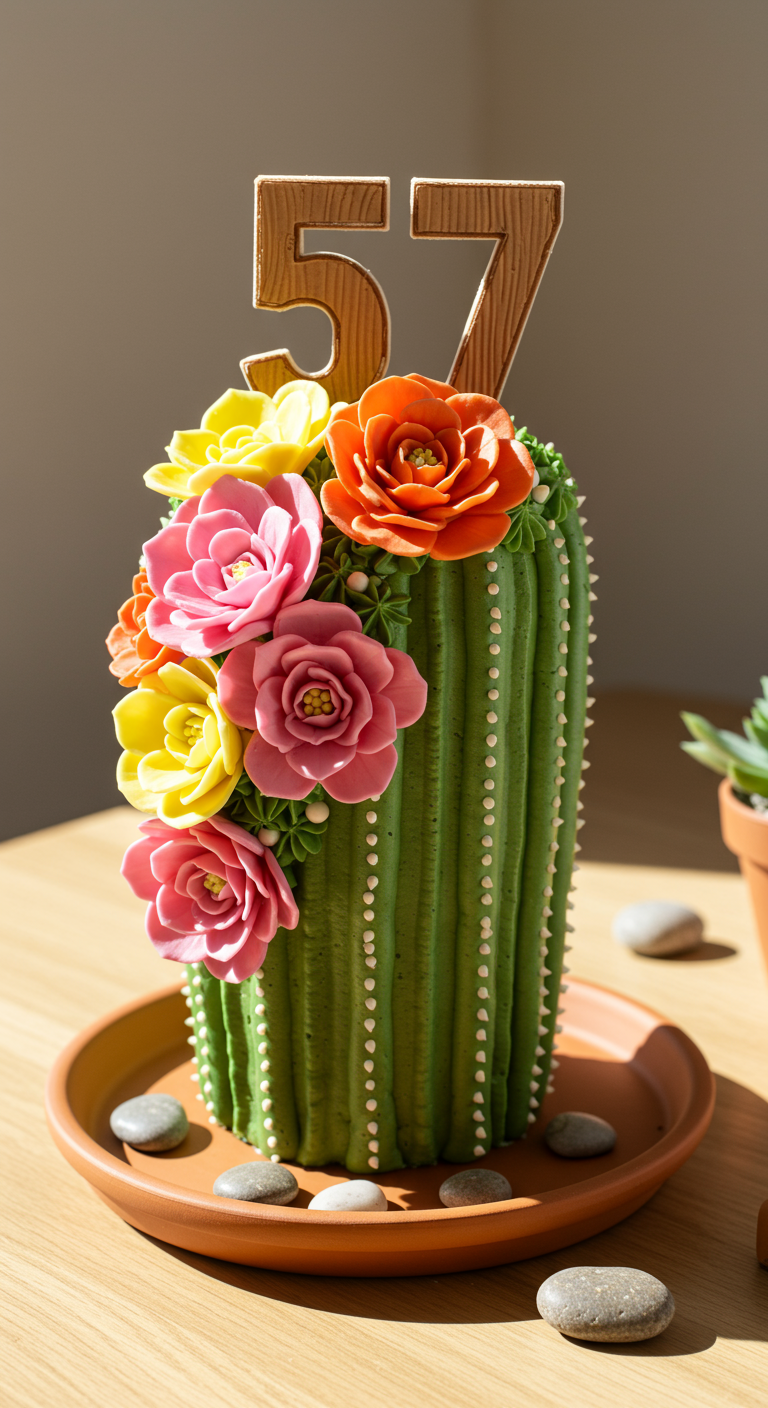 Grüne Torte in Kaktusform mit bunten Zuckerblüten.