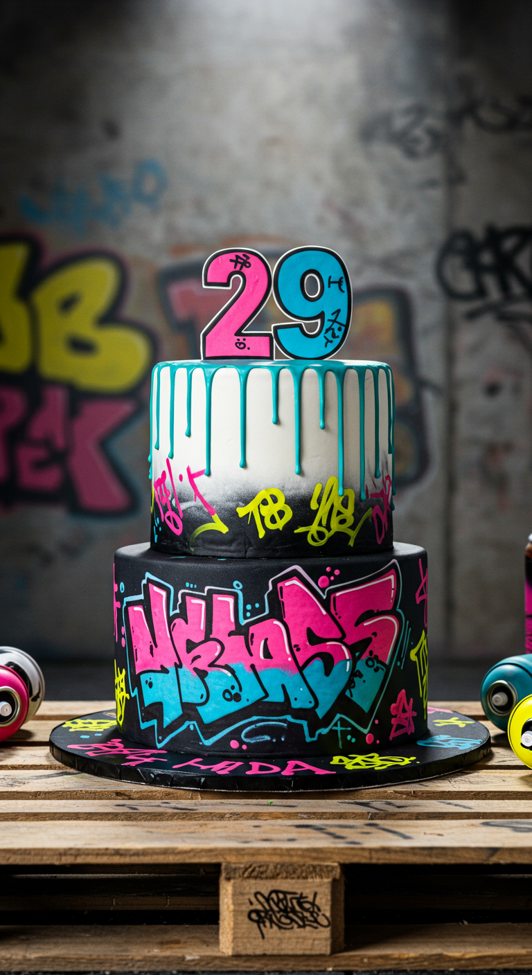 Zweistöckige Torte im Graffiti-Stil mit Drip-Effekt und Zahl 29.