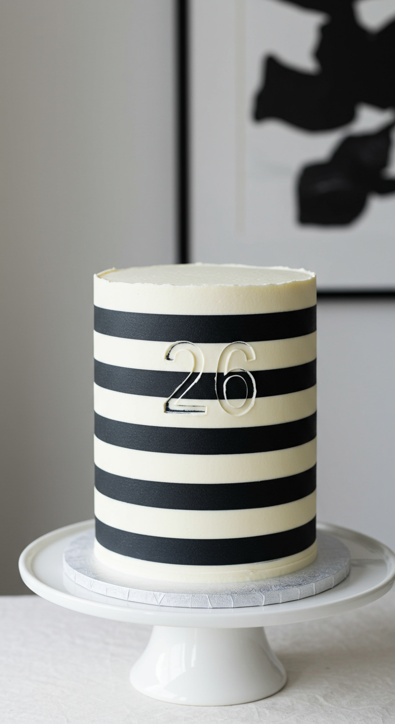 Weiße Torte mit schwarzen Streifen und transparenter Zahl 26.
