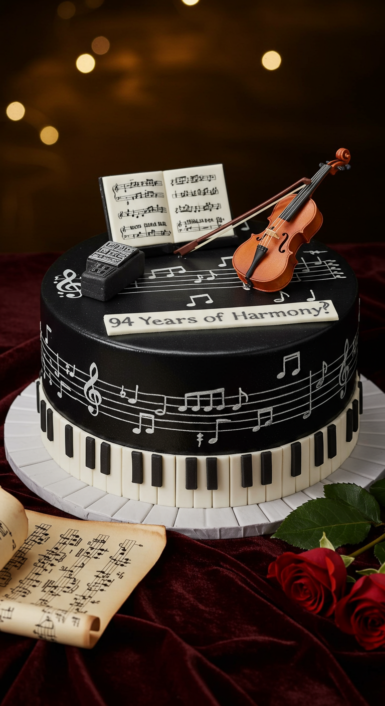 Schwarze Torte mit Klaviertasten-Rand, Notenblatt und Miniatur-Violine.