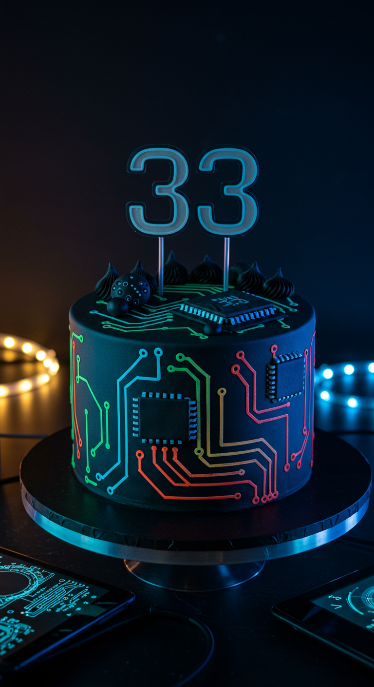 Schwarze Torte als Platine mit bunten Leiterbahnen, Chip-Details, '33' Topper.