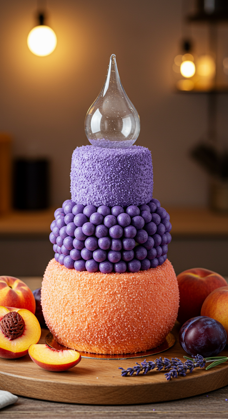 Dreistöckige Torte mit verschiedenen Texturen in Orange und Violett, Glas-Tropfen-Topper.