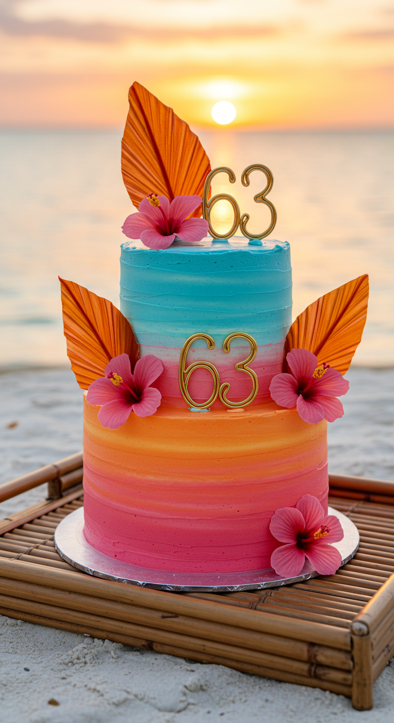 Zweistöckige Torte mit blau-orange-pinkem Ombré-Effekt, tropischen Blüten und Palmblättern.