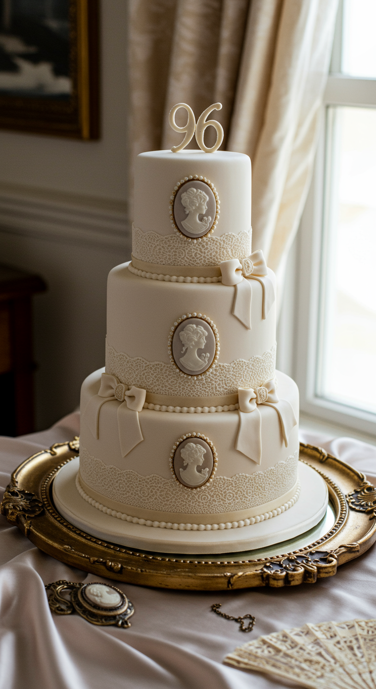 Dreistöckige cremeweiße Torte mit Cameo-Medaillons und Schleifen.