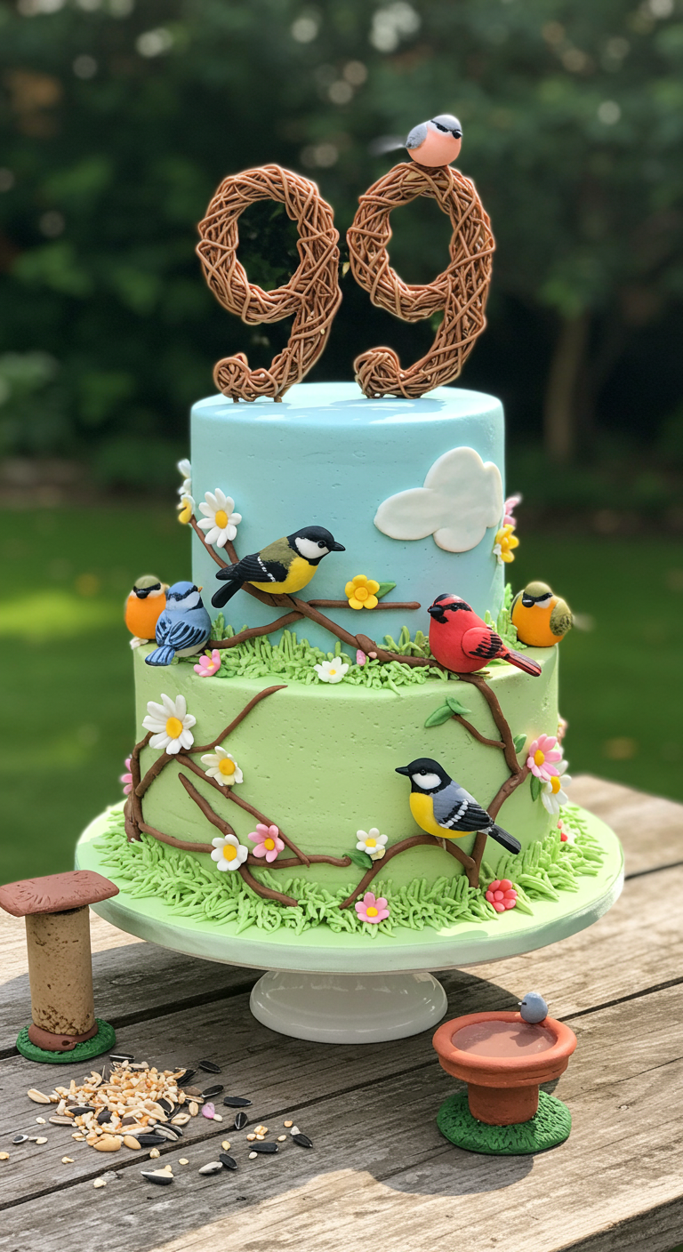 Zweistöckige Torte mit Vögeln, Zweigen und einer 99 aus geflochtenen Ästen.