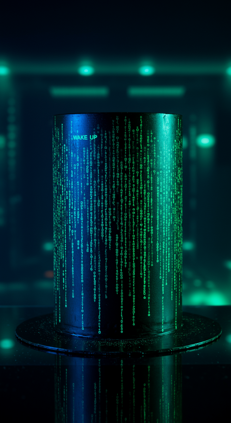 Hohe schwarze runde Torte mit grünem herablaufenden Matrix-Code und 'WAKE UP' Schriftzug