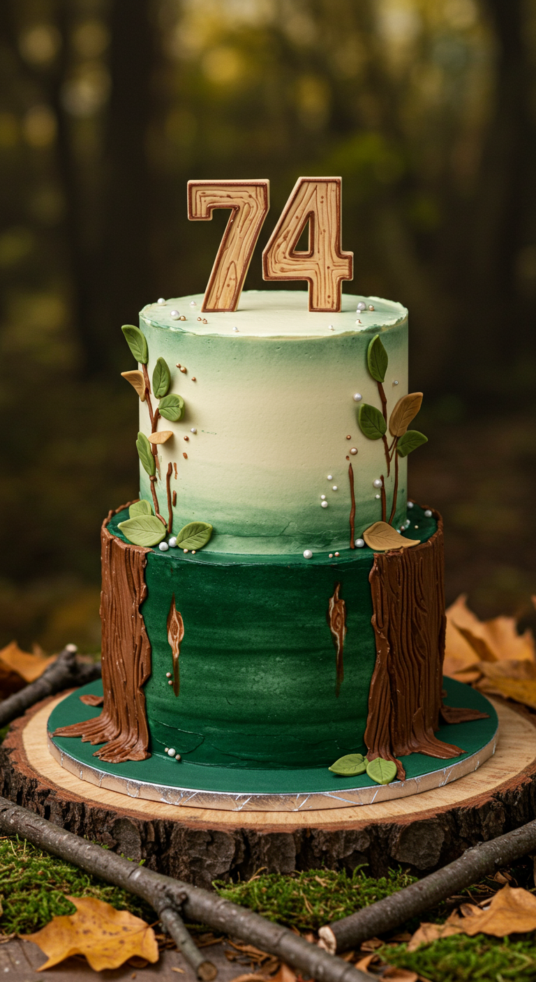 Zweistöckige Torte mit Baumrinden-Optik unten und grün-weißem Farbverlauf oben, Blätterdeko.