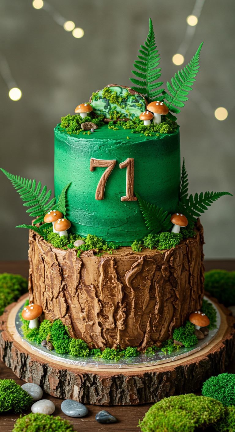Zweistöckige Waldtorte mit Baumrinden-Optik, Moos, Pilzen und Farnblättern.