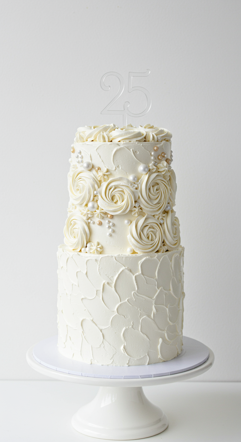 Zweistöckige weiße Torte, obere Etage mit Buttercreme-Rosen, untere mit Spachteltechnik.