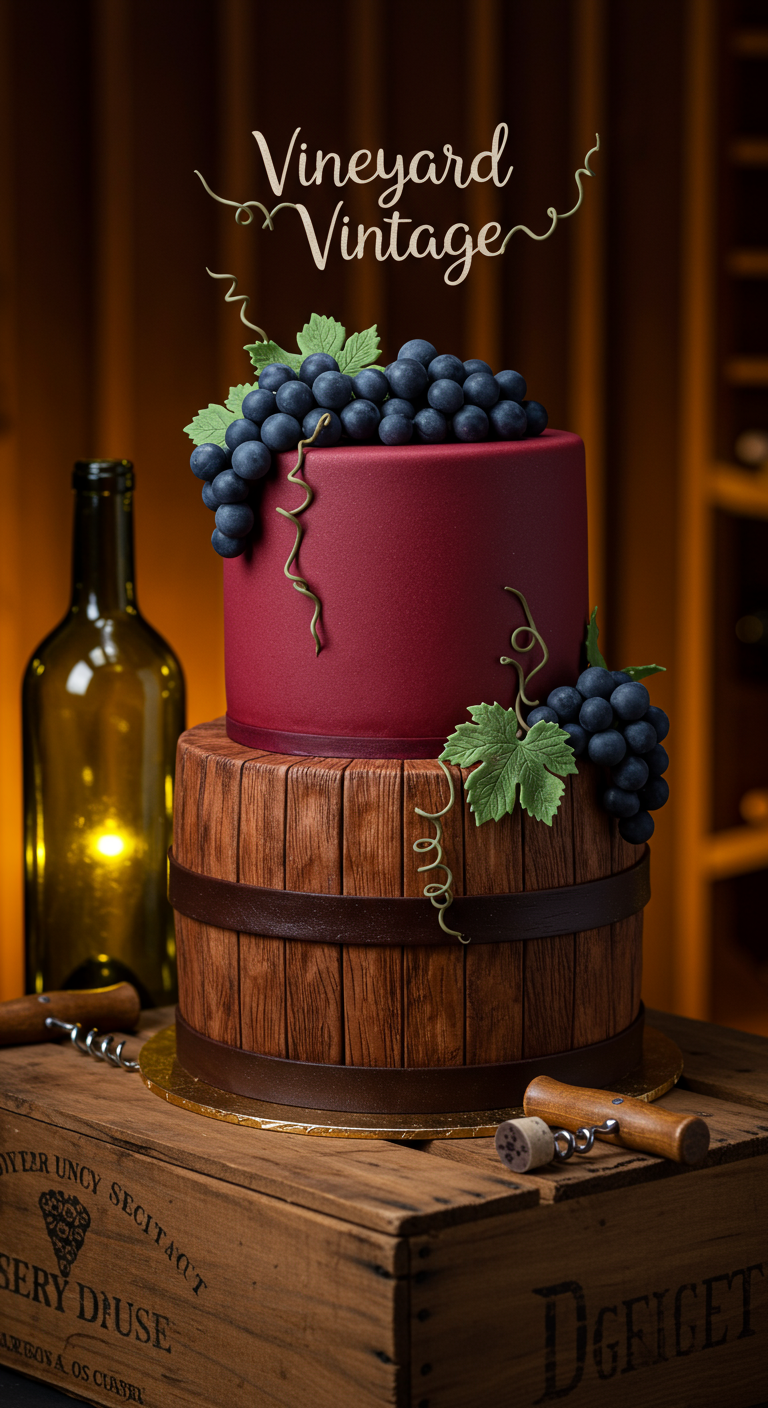 Zweistöckige Torte: untere Etage als Weinfass, obere weinrot mit Weintrauben, daneben eine Weinflasche.