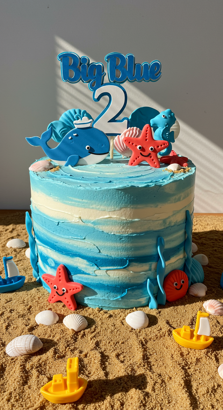 Blaue Meerestorte mit Wal- und Seestern-Deko und „Big Blue 2“ Topper.