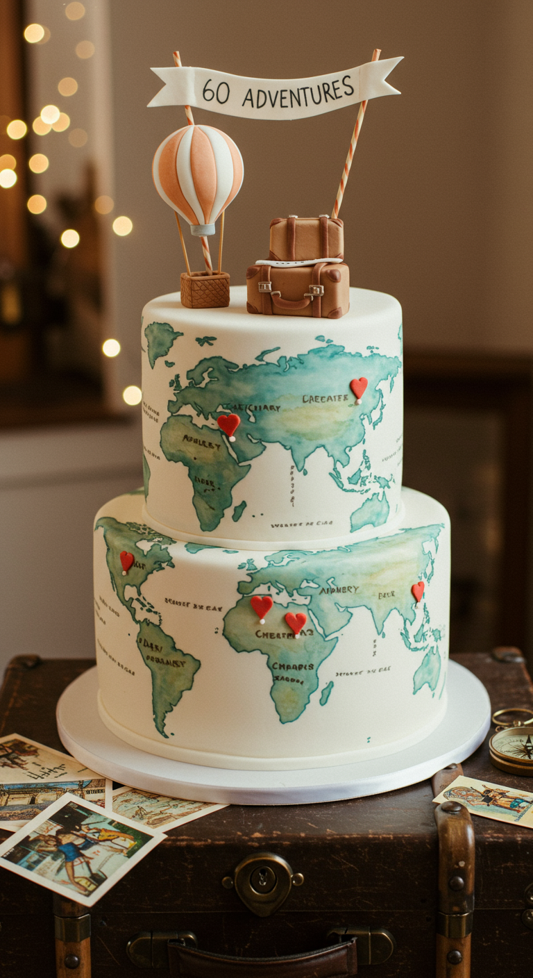 Zweistöckige Torte mit Weltkartenmotiv und Reise-Deko.