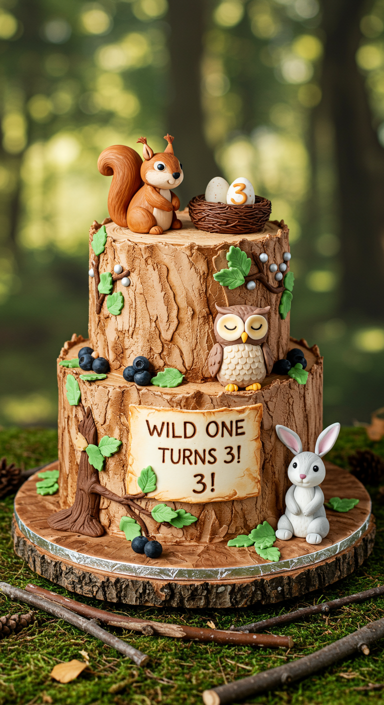 Zweistöckige Baumrinden-Torte mit Waldtieren und Schild