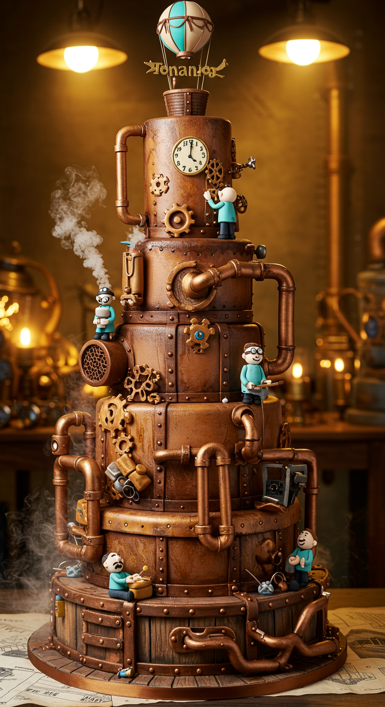 Mehrstöckige Torte im Steampunk-Stil mit Zahnrädern und Rohren.