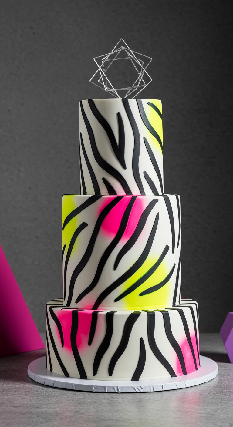 Dreistöckige Torte mit Zebraprint und Neon-Pink und -Gelb Airbrush-Akzenten.